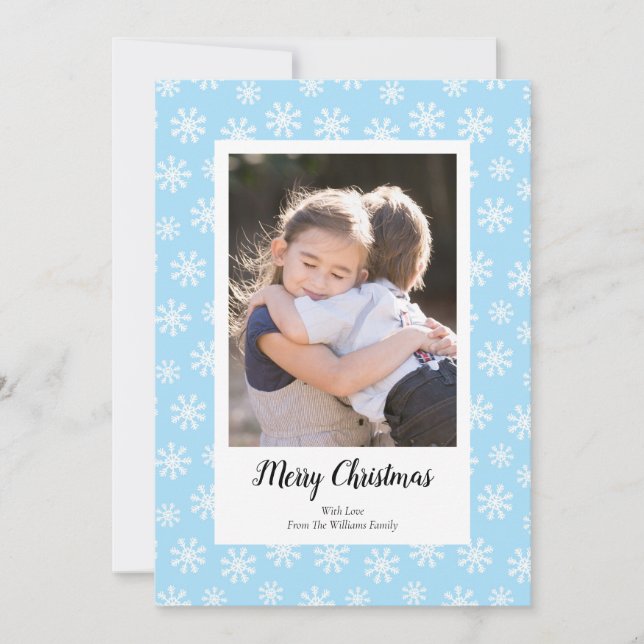 Blue White Snowflakes Christmas Photo Cards (Front)