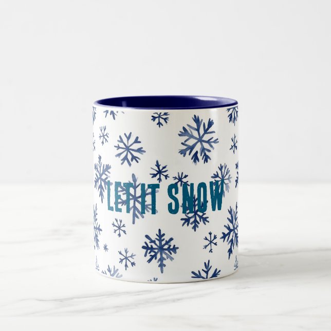 Blue White Snowflakes Christmas Two-Tone Coffee Mug (Center)