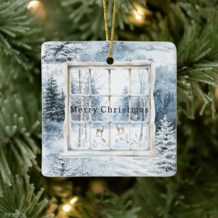 Blue White Snowflakes Deer Window Christmas Ceramic Ornament