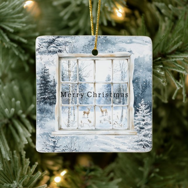 Blue White Snowflakes Deer Window Christmas Ceramic Ornament (Tree)