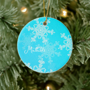 Blue White Snowflakes Minimalist Christmas Name Ceramic Ornament