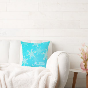 Blue White Snowflakes Minimalist Christmas Name Cushion