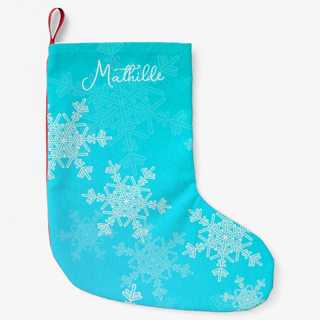 Blue White Snowflakes Minimalist Christmas Name Small Christmas Stocking (Front)