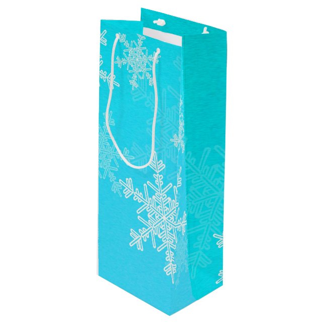 Blue White Snowflakes Minimalist Christmas Wine Gift Bag (Front Angled)