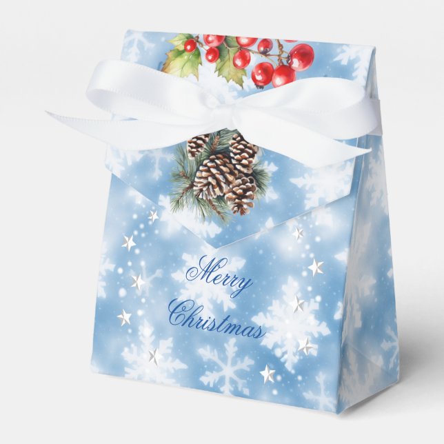 Blue White Snowflakes Pine Cone Red Berries Gift Favour Box (Front Side)
