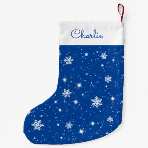 Blue White Snowflakes Stars Pattern with Name Small Christmas Stocking
