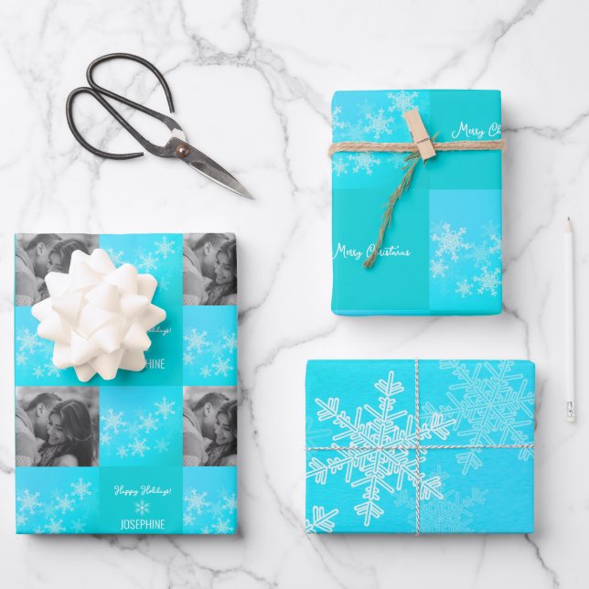 Blue White Snowlfake Minimalist Photo Christmas  Wrapping Paper Sheet (Front)