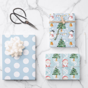 Blue White Snowman Santa Claus Winter Polka Dots Wrapping Paper Sheet