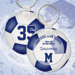blue white soccer team personalised sports gifts key ring<br><div class="desc">This easy-to-personalise soccer keyring features the realistic image of a soccer ball that has blue and white panels,  upon which you can customise the athlete's name,  jersey number,  team & mascot name and year on the front and monogram or varsity letter on the back  - by katz_d_zynes</div>