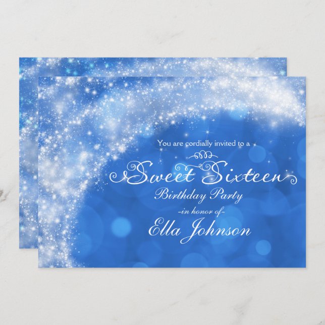 Blue & White Sparkle Cinderella Sweet 16 Party Invitation (Front/Back)