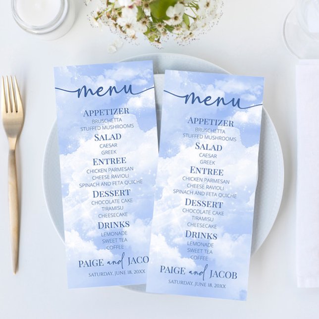 Blue White Sparkle Clouds Dreamy Elegant Wedding Menu (Creator Uploaded)