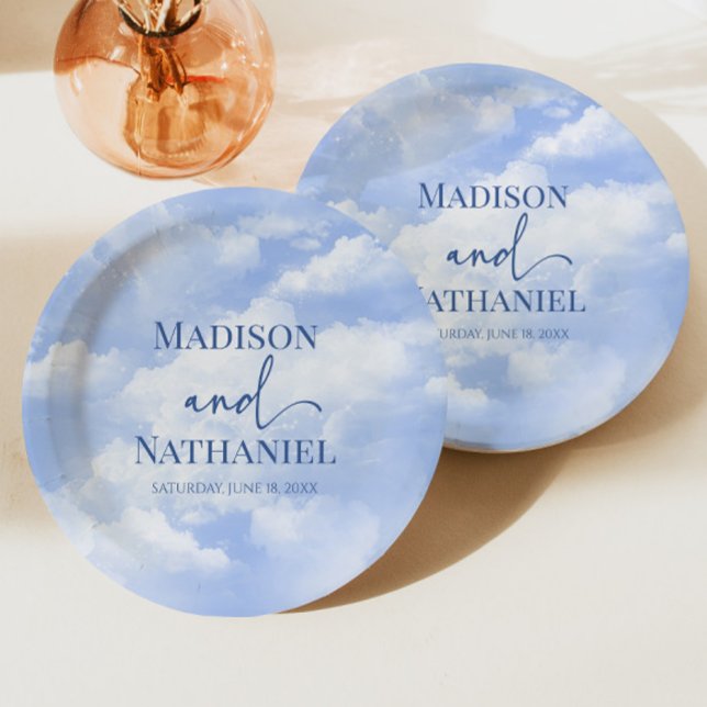 Blue White Sparkle Clouds Dreamy Elegant Wedding Paper Plate (Creator Uploaded)