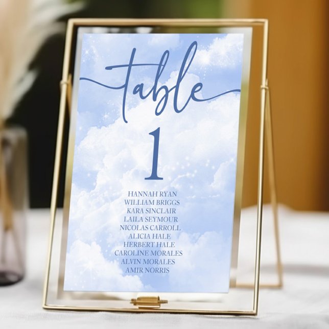 Blue White Sparkle Clouds Wedding Table Number (Creator Uploaded)