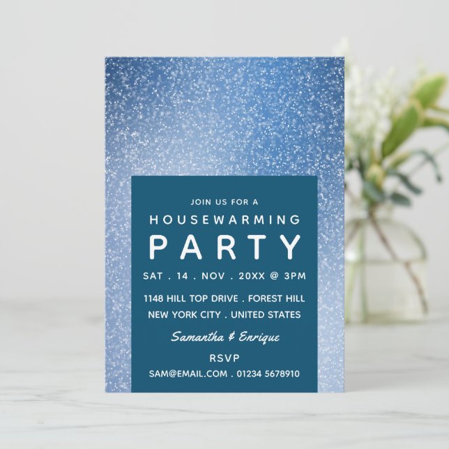 Blue & White Speck, Housewarming Party Invite (Standing Front)