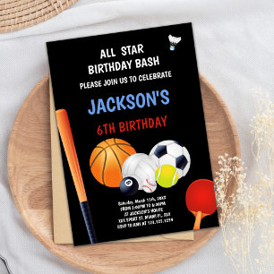 Blue White Sports Birthday Invitations