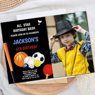 Blue White Sports Birthday Invitations with photo