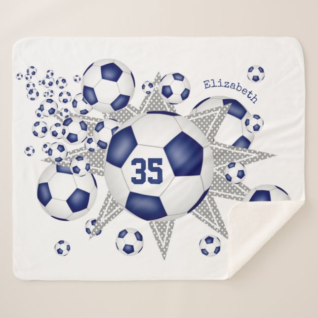 blue white sports room soccer ball blowout sherpa blanket (Front (Horizontal))