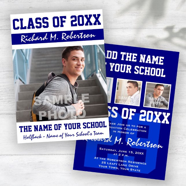 Blue White Sporty Guy's Graduation Varsity Number Invitation (Creator Uploaded)