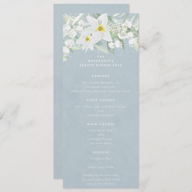 Blue White Spring Florals Flat 4 Course Easter Menu (Front/Back)