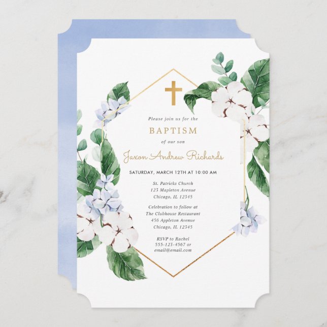 Blue white spring florals gold boy baptism invitation (Front/Back)