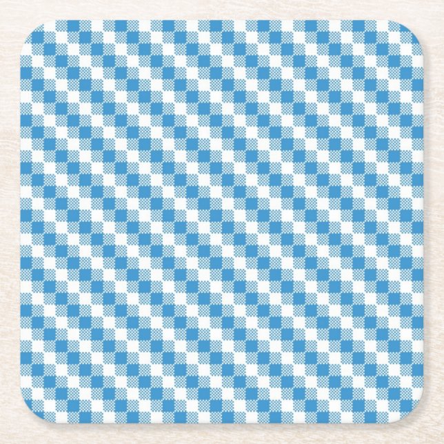 Blue-white squares background square paper coaster (Front)