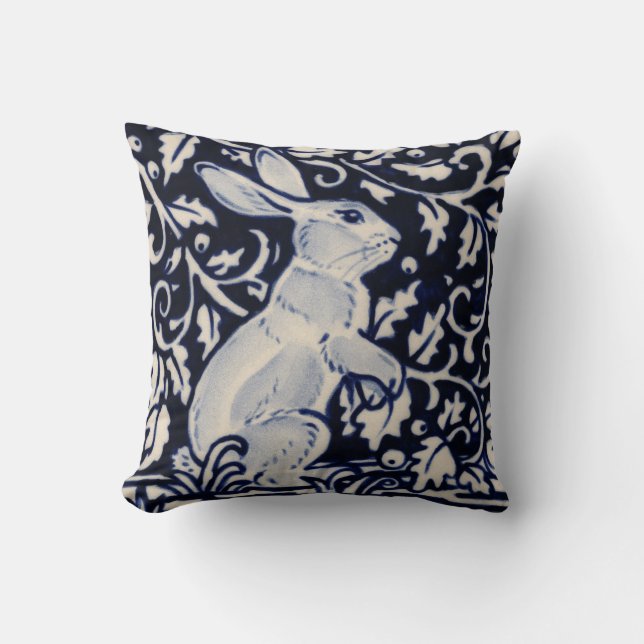 Blue White Standing Rabbit Hare Bunny Chinoiserie Cushion (Front)
