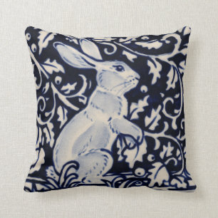 Blue White Standing Rabbit Hare Bunny Chinoiserie Cushion