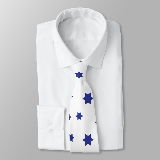 Blue White Star of David pattern Tie (Tied)