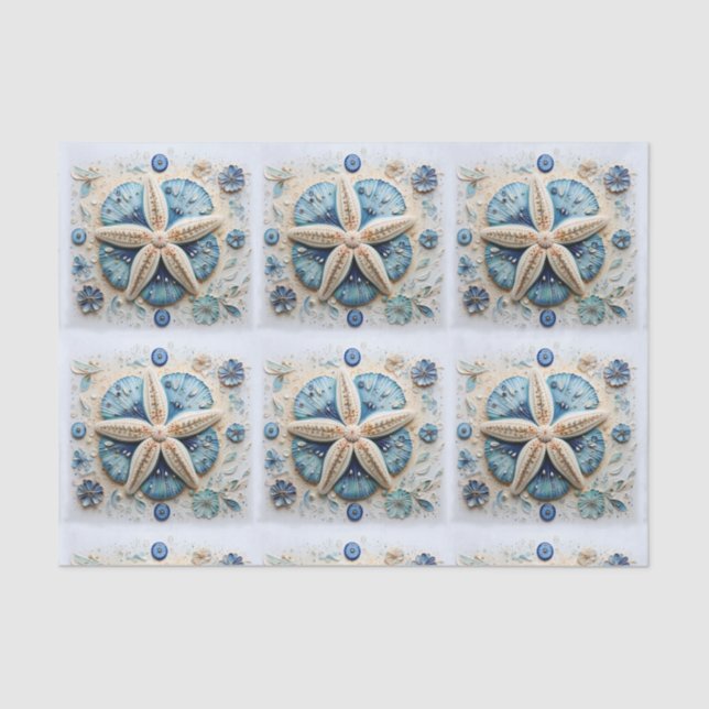 Blue White Starfish Seashell Nautical Decoupage Tissue Paper (Front)
