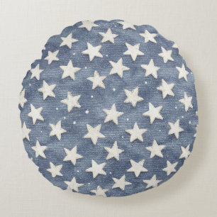 Blue White Stars Glitter Round Cushion