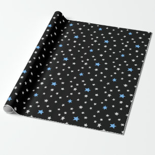 Blue & White Stars Over Black Wrapping Paper