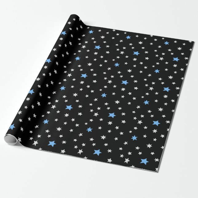 Blue & White Stars Over Black Wrapping Paper (Unrolled)