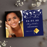 Blue white stars photo Graduation Save the Date<br><div class="desc">A photo Save the date card for a graduation party 20XX. On front: Add your own vertical size photo of the graduate. A classic navy blue background color, decorated with white stars. Personalize and add a name and date. White letters. The name and the text: Save the Date are written...</div>