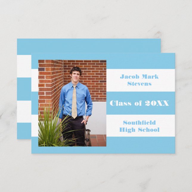 Blue & White Stripe - 3x5 Graduation Announcement (Front/Back)