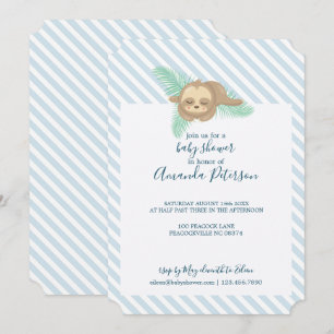 Blue & White Stripe Baby Sloth Baby Shower Invitation