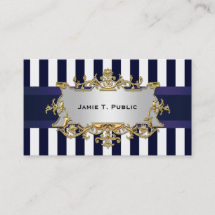 Blue White Stripe, Blue Ribbon, Gold Framed Label Business Card