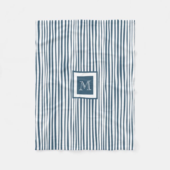 Blue White Stripe Custom Monogram Personalised Fleece Blanket (Front)