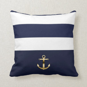 Blue & White Stripe Gold Anchor Nautical Chic Cushion