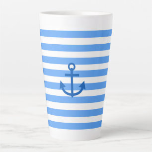 Blue & White Stripe Pattern with Anchor Latte Mug