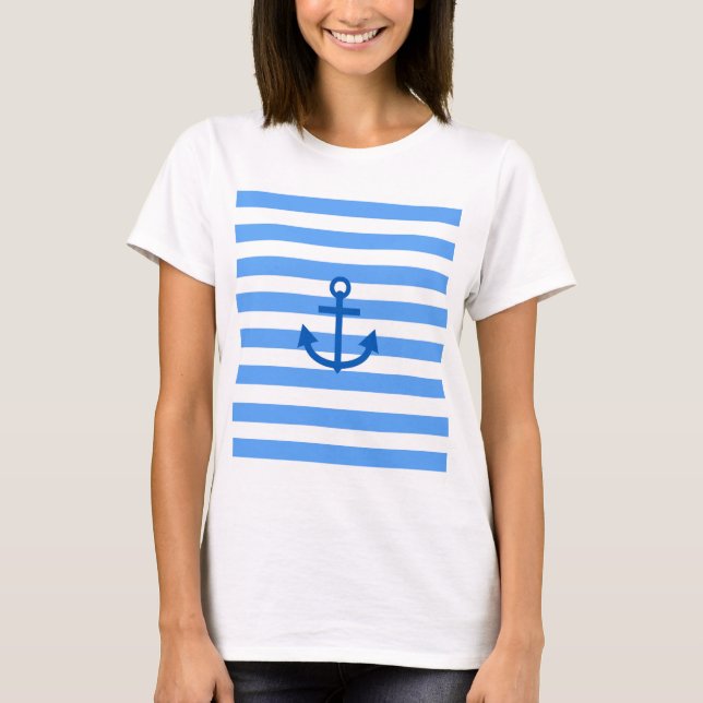 Blue & White Stripe Pattern with Anchor T-Shirt (Front)
