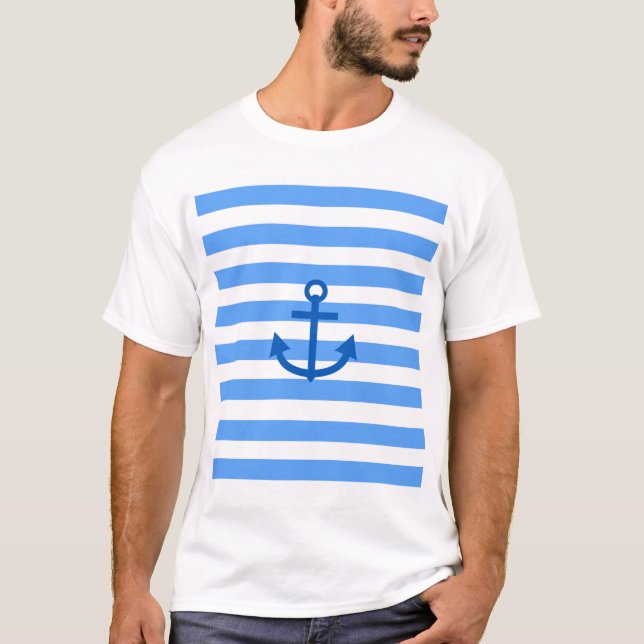 Blue & White Stripe Pattern with Anchor T-Shirt (Front)