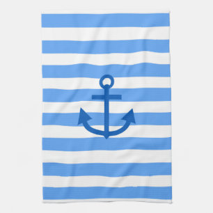 Blue & White Stripe Pattern with Anchor Tea Towel