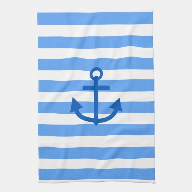 Blue & White Stripe Pattern with Anchor Tea Towel (Vertical)