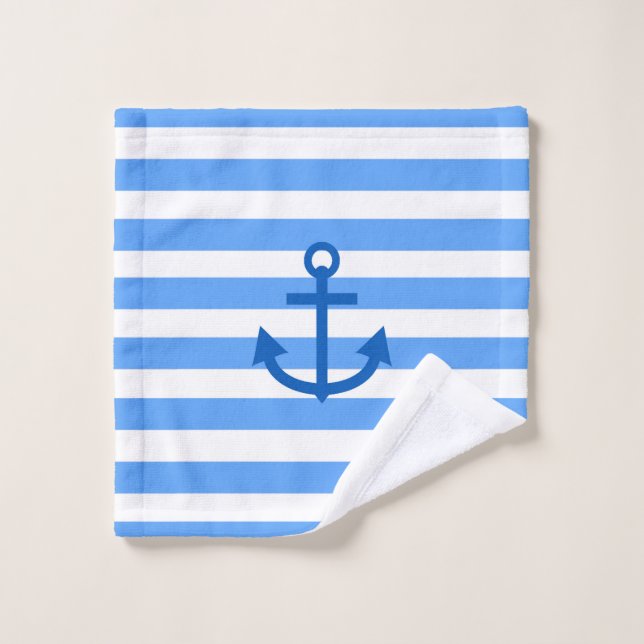 Blue & White Stripe Pattern with Anchor Wash Cloth (Wash Cloth)