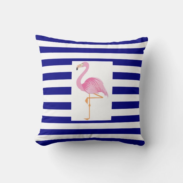 Blue & white stripe pink flamingo pillow (Front)