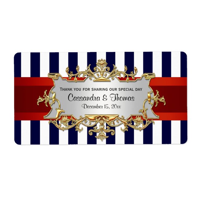 Blue White Stripe, Red Ribbon H Wine Bottle Label (Front)