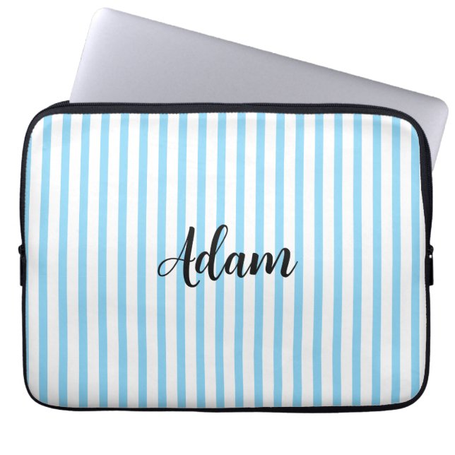 Blue White Stripe Script Name Personalised Laptop Sleeve (Front)