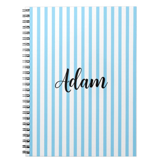 Blue White Stripe Script Name Personalised Notebook (Front)