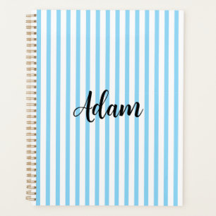 Blue White Stripe Script Name Personalised Planner