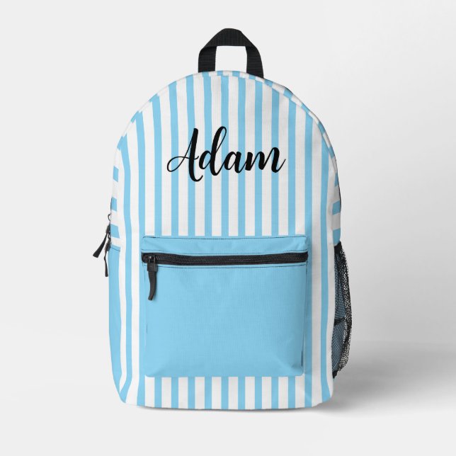 Blue White Stripe Script Name Personalised Printed Backpack (Front)
